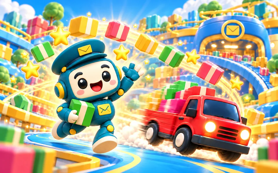 Pixel the robot postman waving next to a red delivery truck full of parcels