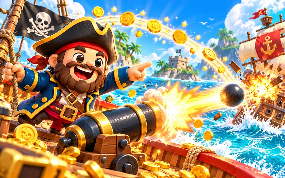 A cheerful pirate firing a cannon at an enemy ship